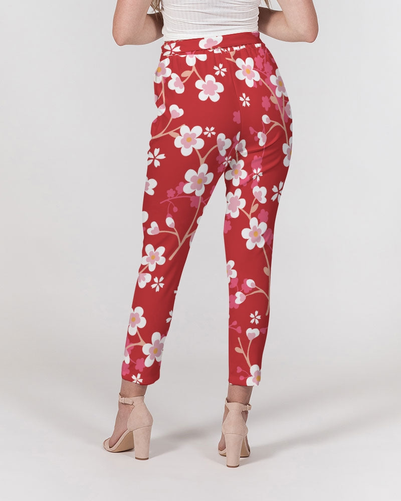 Red Blossoms Women's All-Over Print Belted Tapered Pants