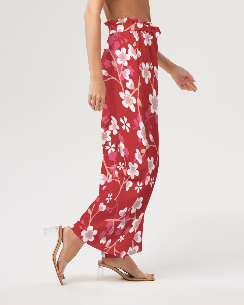 Red Blossoms Women's All-Over Print High-Rise Wide Leg Pants