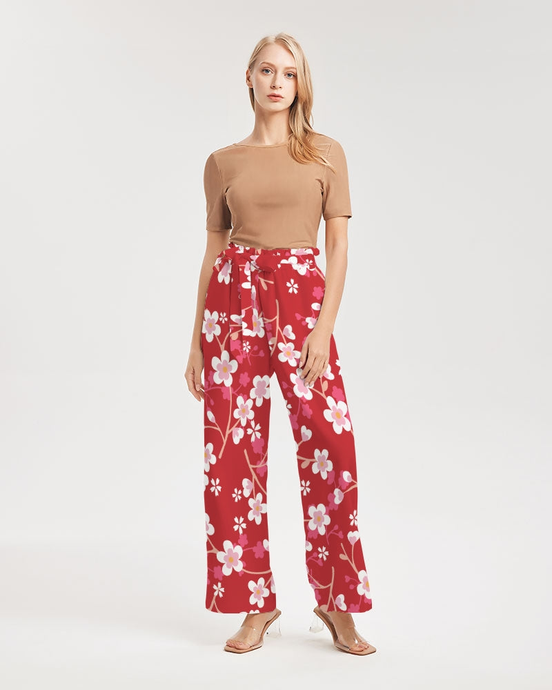 Red Blossoms Women's All-Over Print High-Rise Wide Leg Pants