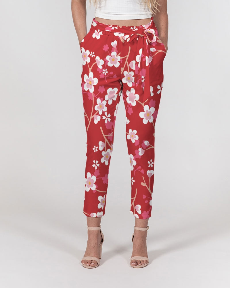 Red Blossoms Women's All-Over Print Belted Tapered Pants