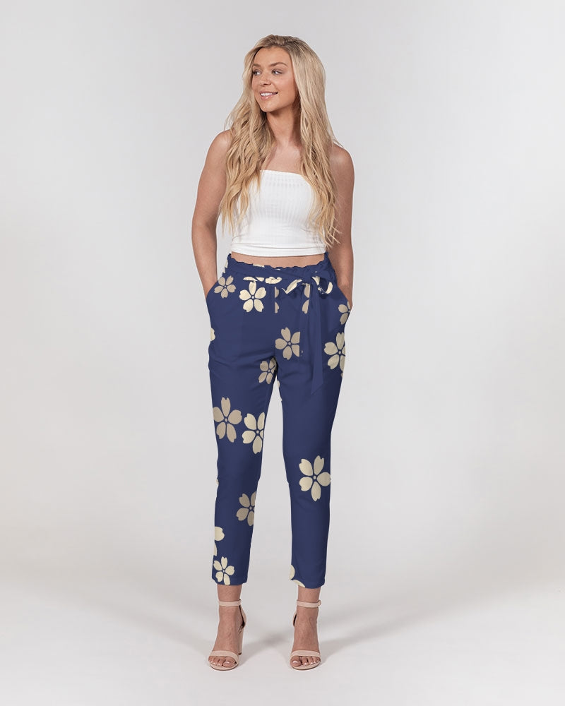 Blue Blossoms Women's All-Over Print Belted Tapered Pants