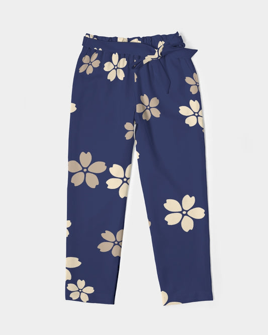 Blue Blossoms Women's All-Over Print Belted Tapered Pants