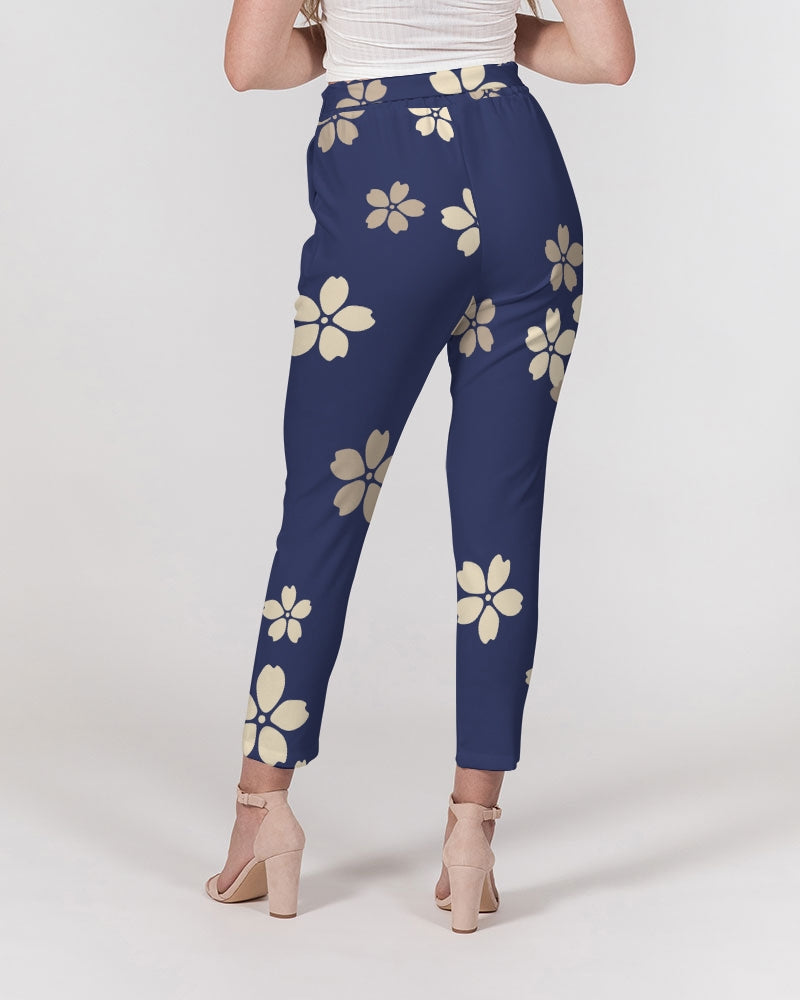 Blue Blossoms Women's All-Over Print Belted Tapered Pants