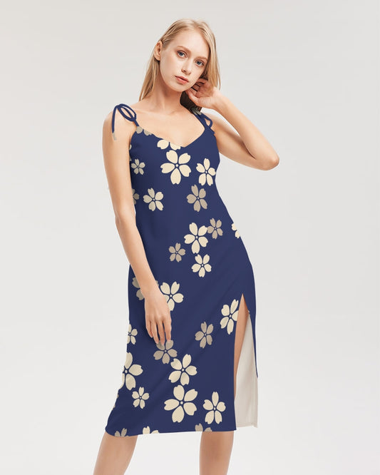 Blue Blossoms Women's All-Over Print Tie Strap Split Dress