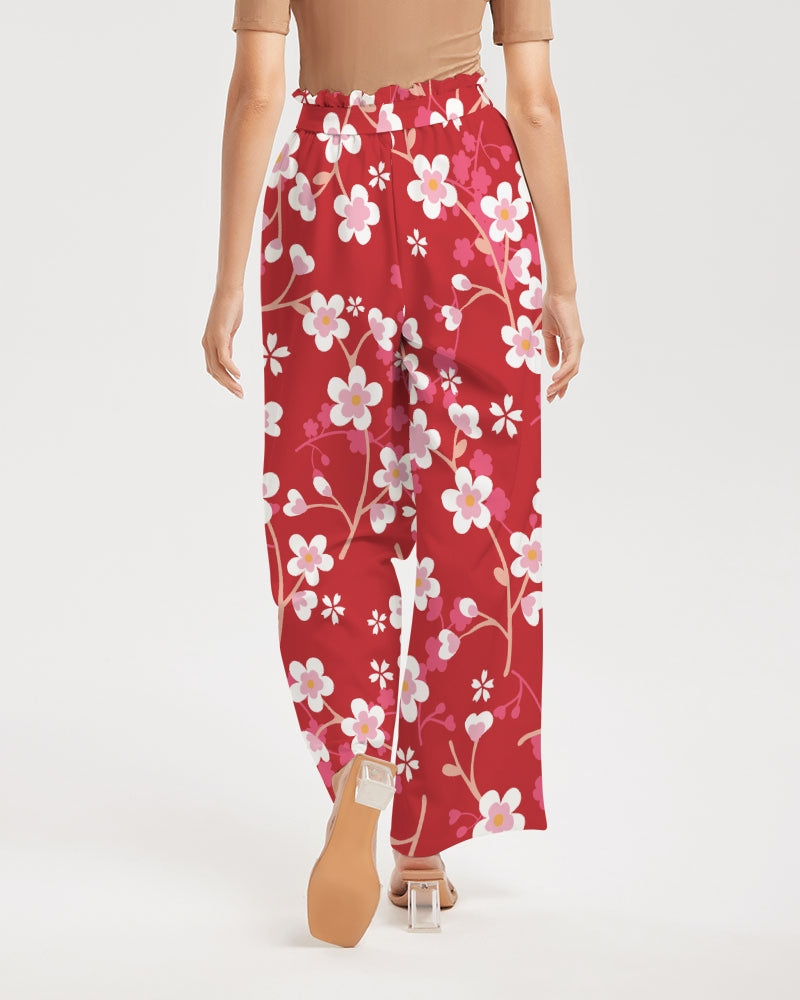 Red Blossoms Women's All-Over Print High-Rise Wide Leg Pants