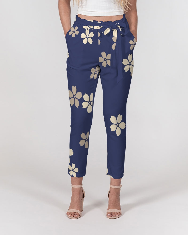 Blue Blossoms Women's All-Over Print Belted Tapered Pants