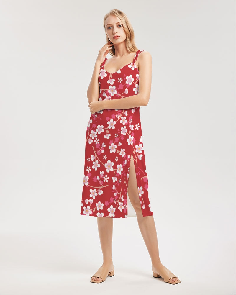 Red Blossoms Women's All-Over Print Tie Strap Split Dress