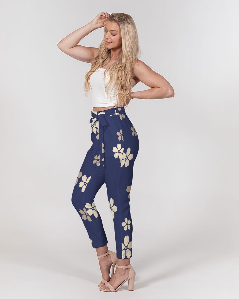 Blue Blossoms Women's All-Over Print Belted Tapered Pants