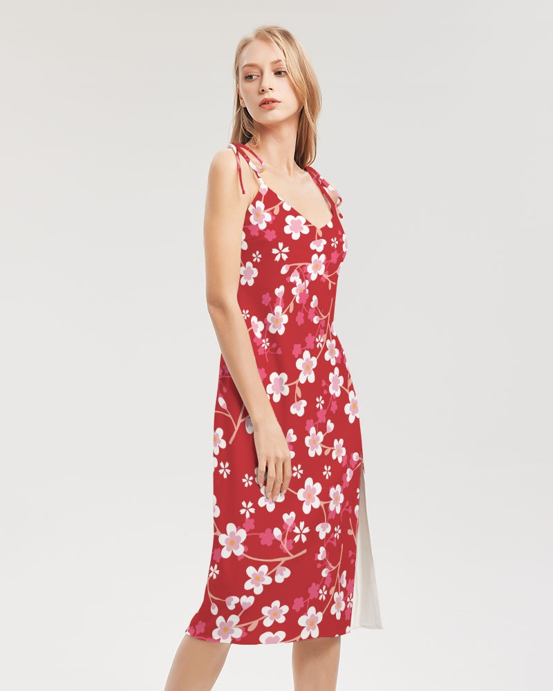 Red Blossoms Women's All-Over Print Tie Strap Split Dress