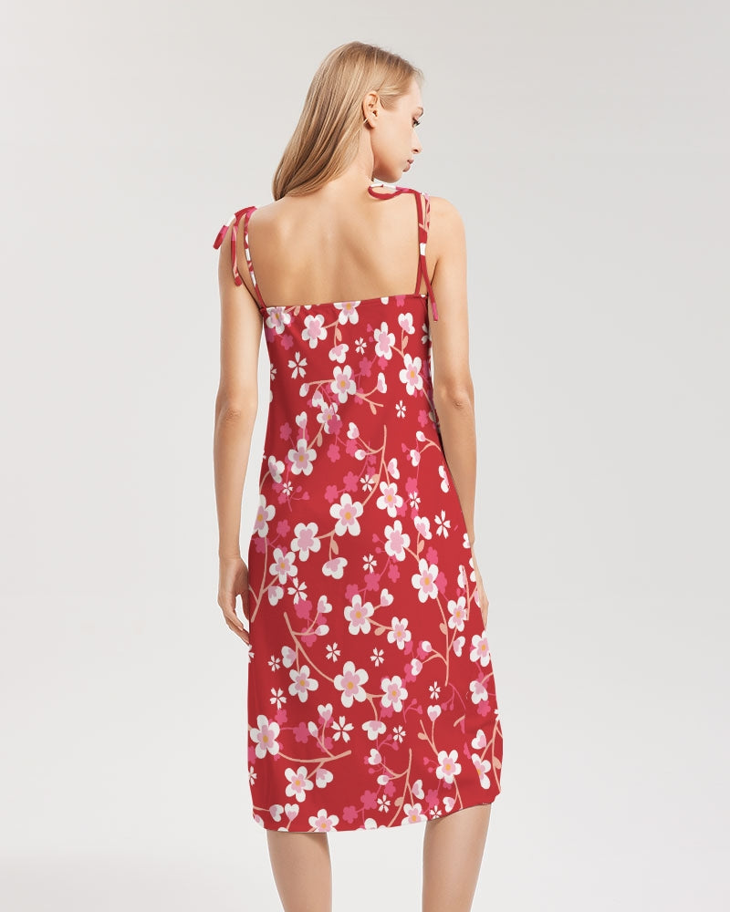 Red Blossoms Women's All-Over Print Tie Strap Split Dress