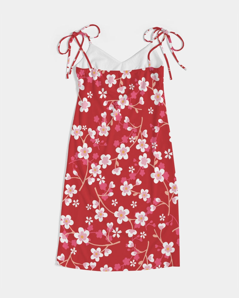 Red Blossoms Women's All-Over Print Tie Strap Split Dress