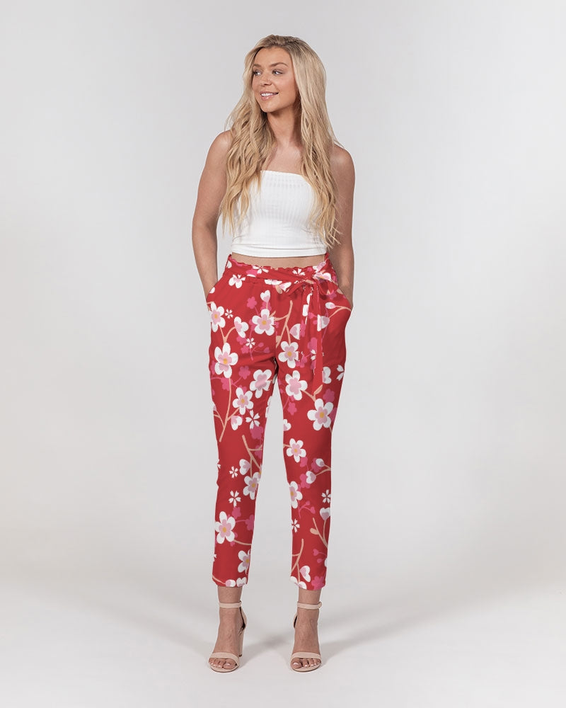 Red Blossoms Women's All-Over Print Belted Tapered Pants