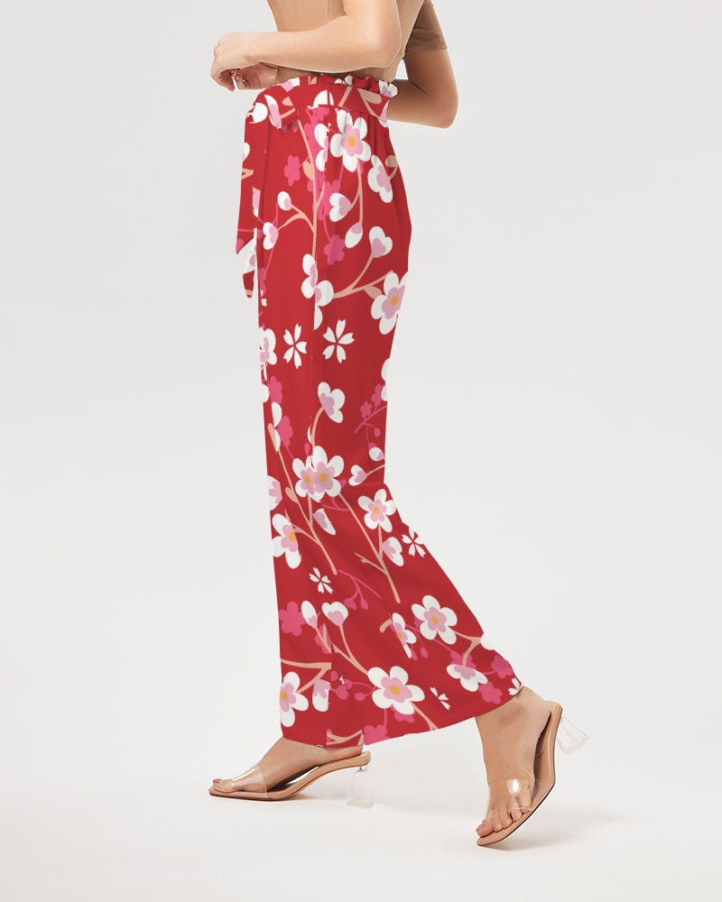 Red Blossoms Women's All-Over Print High-Rise Wide Leg Pants