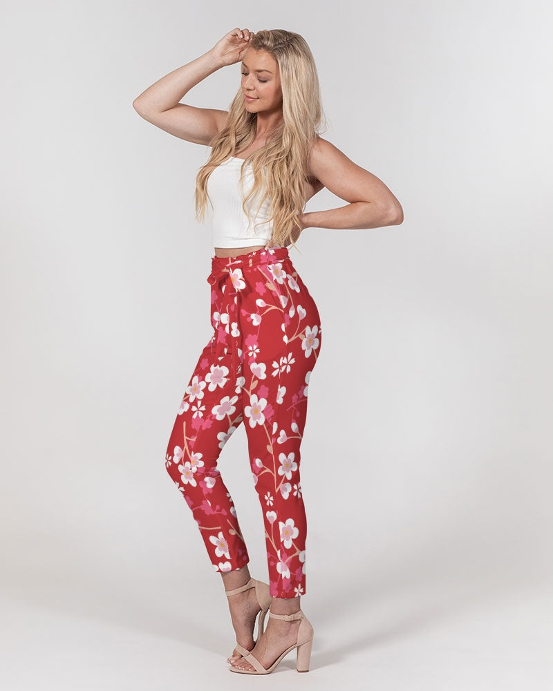 Red Blossoms Women's All-Over Print Belted Tapered Pants