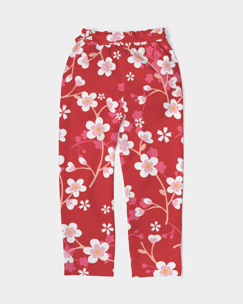 Red Blossoms Women's All-Over Print Belted Tapered Pants