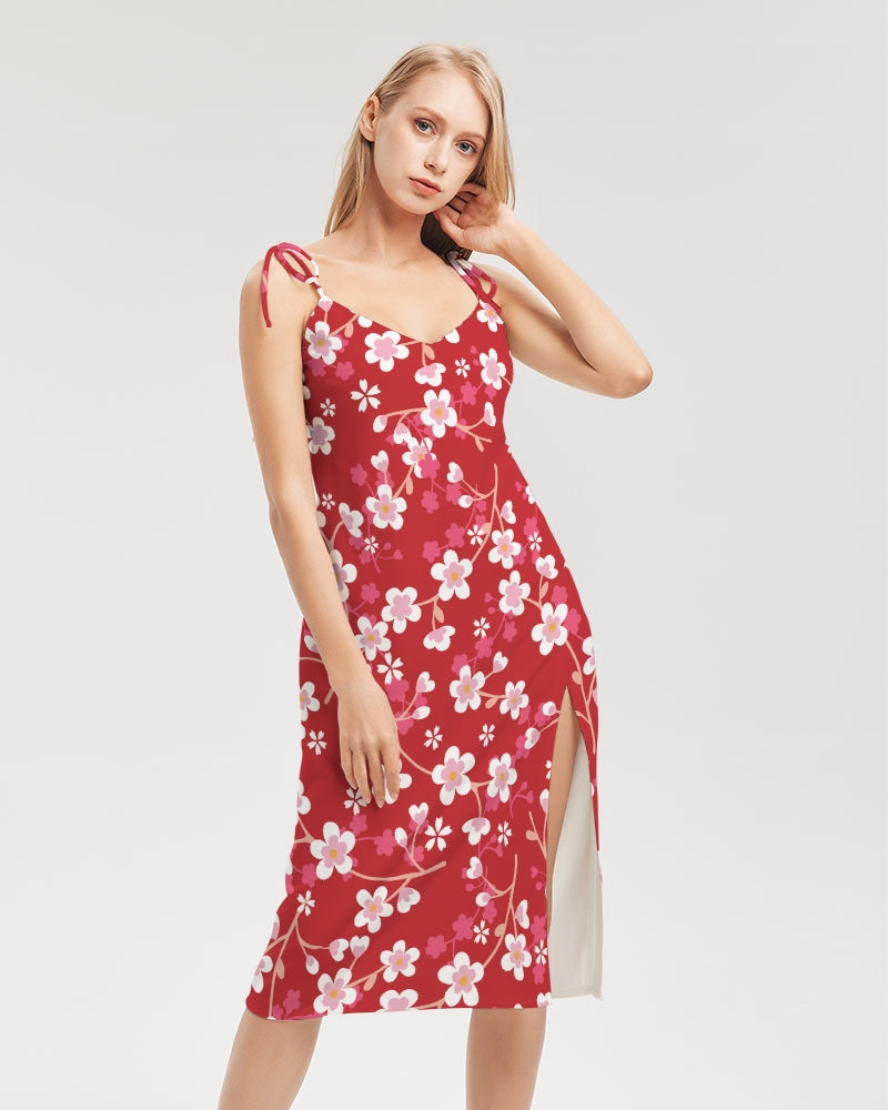 Red Blossoms Women's All-Over Print Tie Strap Split Dress