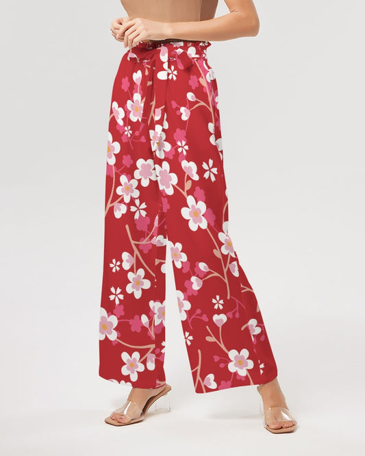 Red Blossoms Women's All-Over Print High-Rise Wide Leg Pants