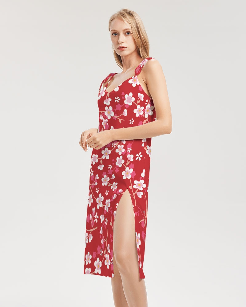 Red Blossoms Women's All-Over Print Tie Strap Split Dress