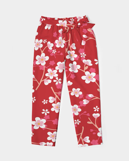 Red Blossoms Women's All-Over Print Belted Tapered Pants